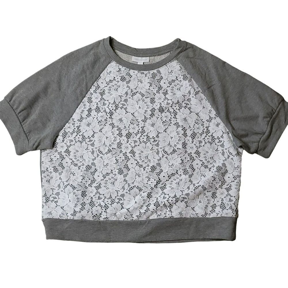 Charter Club Gray Sweatshirt Short Sleeve Floral Lace Overlay Crew Neck PXL‎